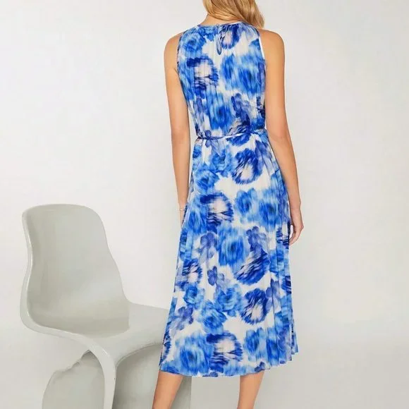 Blue Boho Womens Allover Print Pleated Belted Dress - Picture 2 of 5